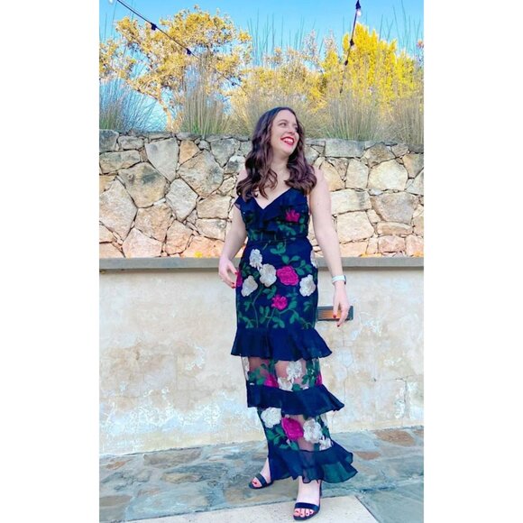 Lulus True to Heart Floral Embroidered Sheer Maxi Dress Black Tiered Ruffle Sm - Picture 3 of 16